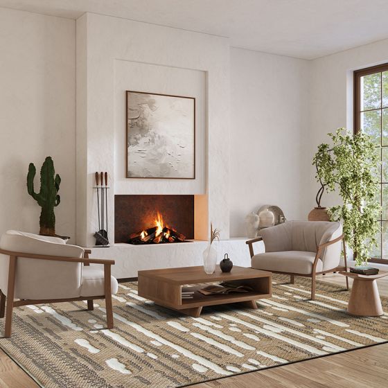 Tapis en jute avec motif en relief blanc et foncé, dans un salon lumineux et moderne.