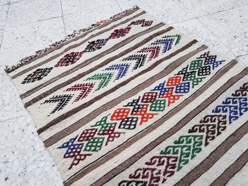 Tapis Kilim Blanc - Symboles Ethniques | MAZIR