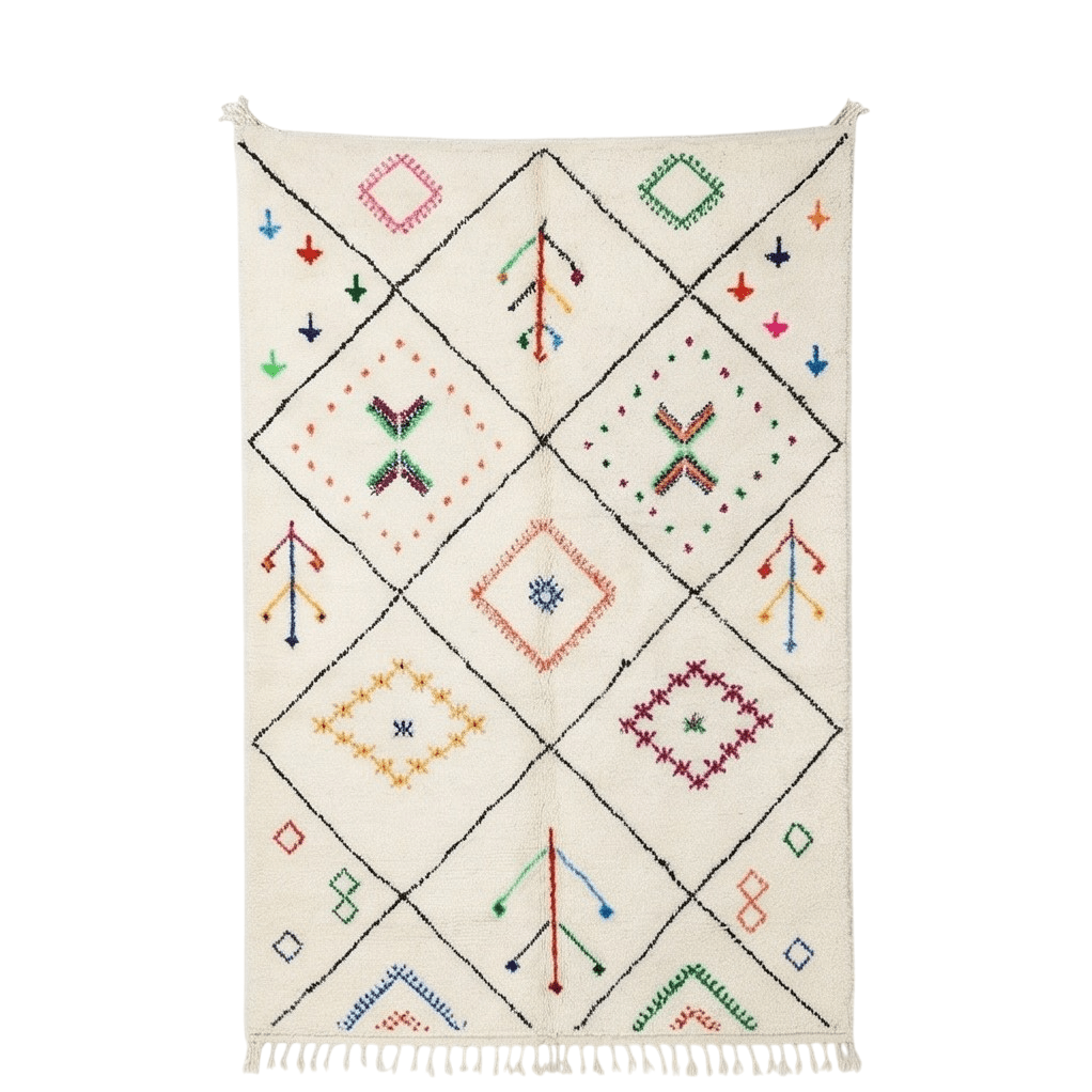 Tapis berbère blanc cassé texturé avec des motifs géométriques colorés et des franges.