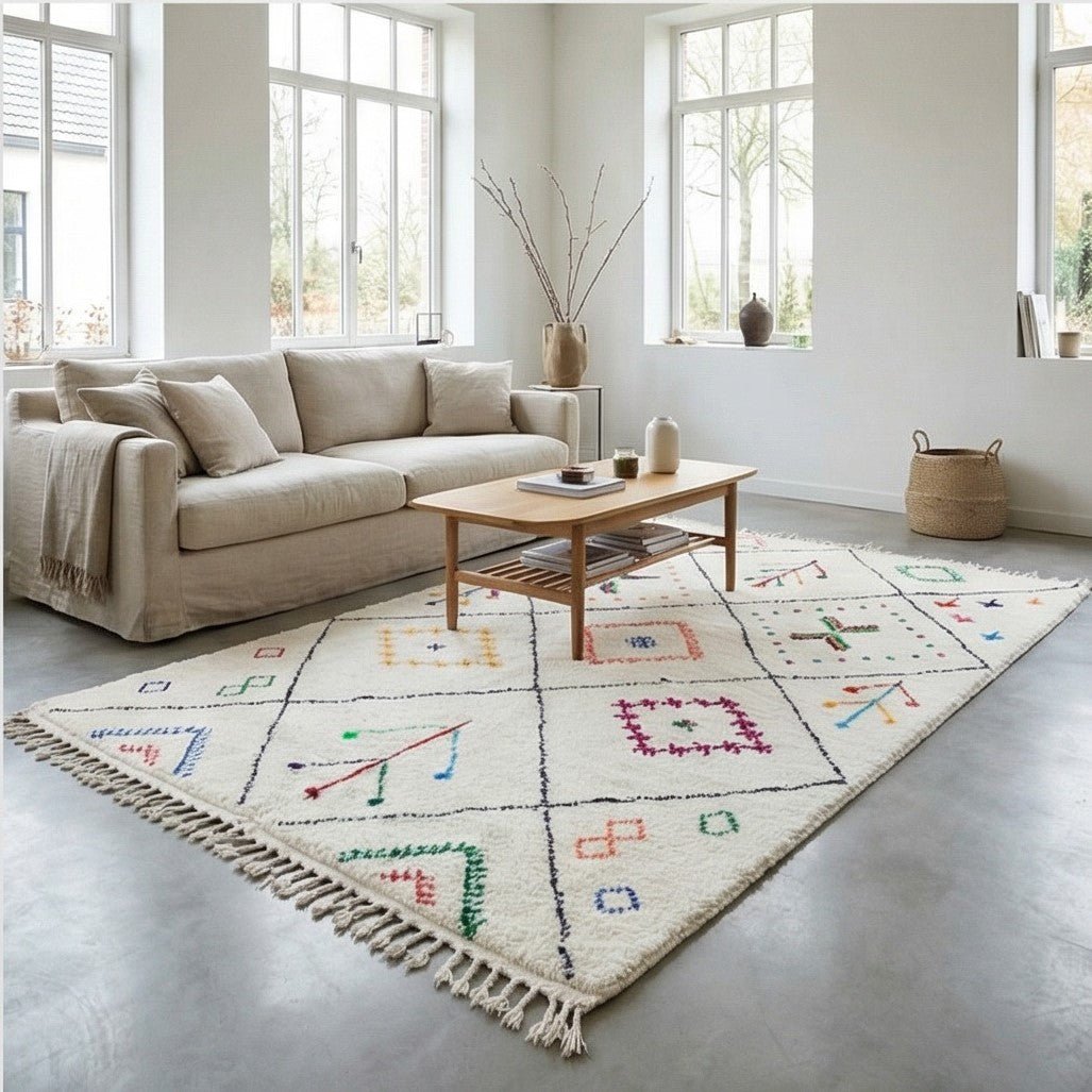 Tapis épais blanc cassé à motifs berbères colorés géométriques et franges, dans un salon moderne.