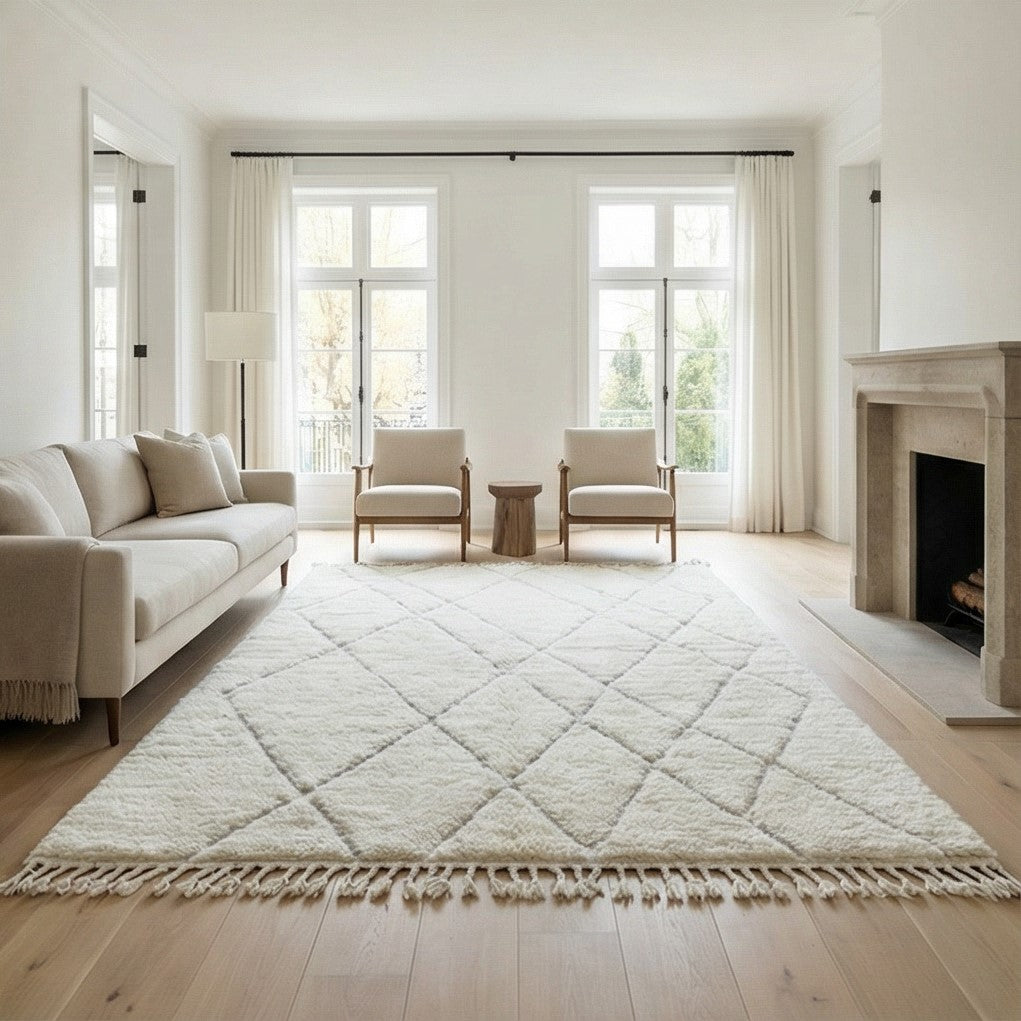 Grand tapis marocain blanc abstrait 200x300 cm