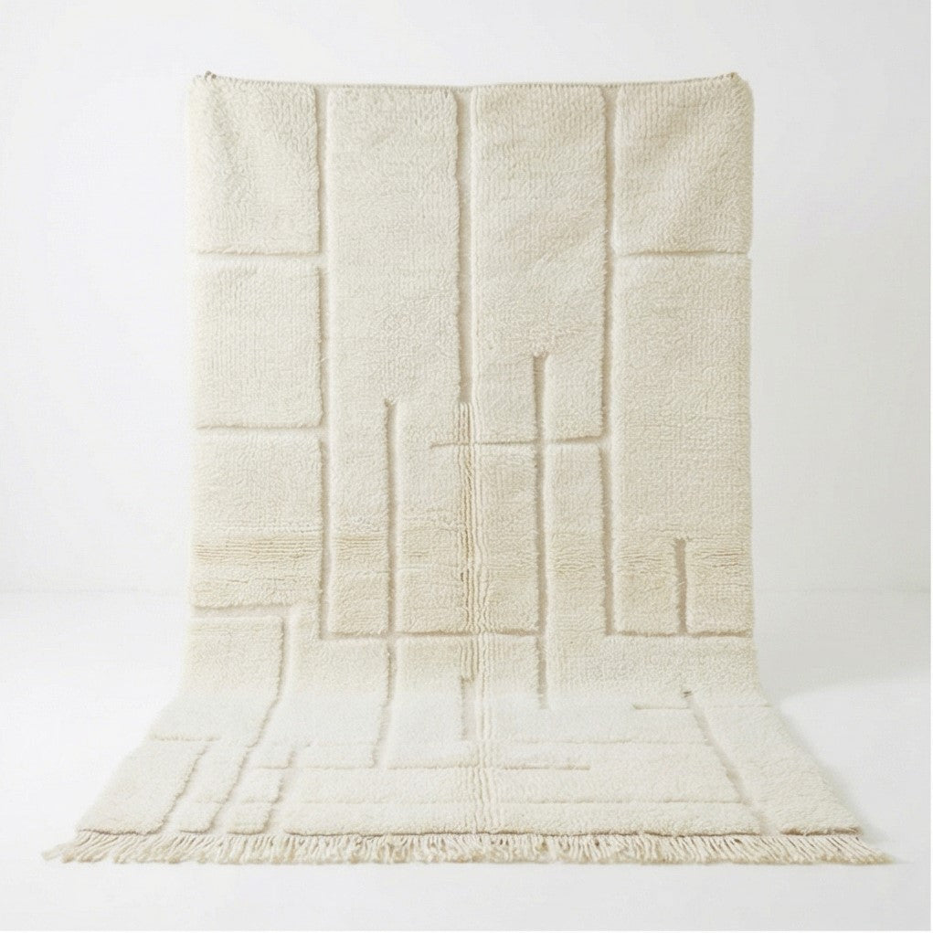Tapis berbère graphique blanc, 150x250 cm, avec motif géométrique en relief et franges décoratives.