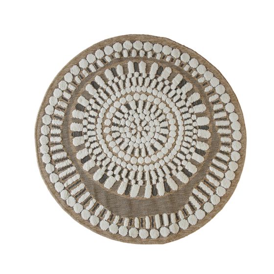Tapis rond en jute motifs relief blanc | Mazir