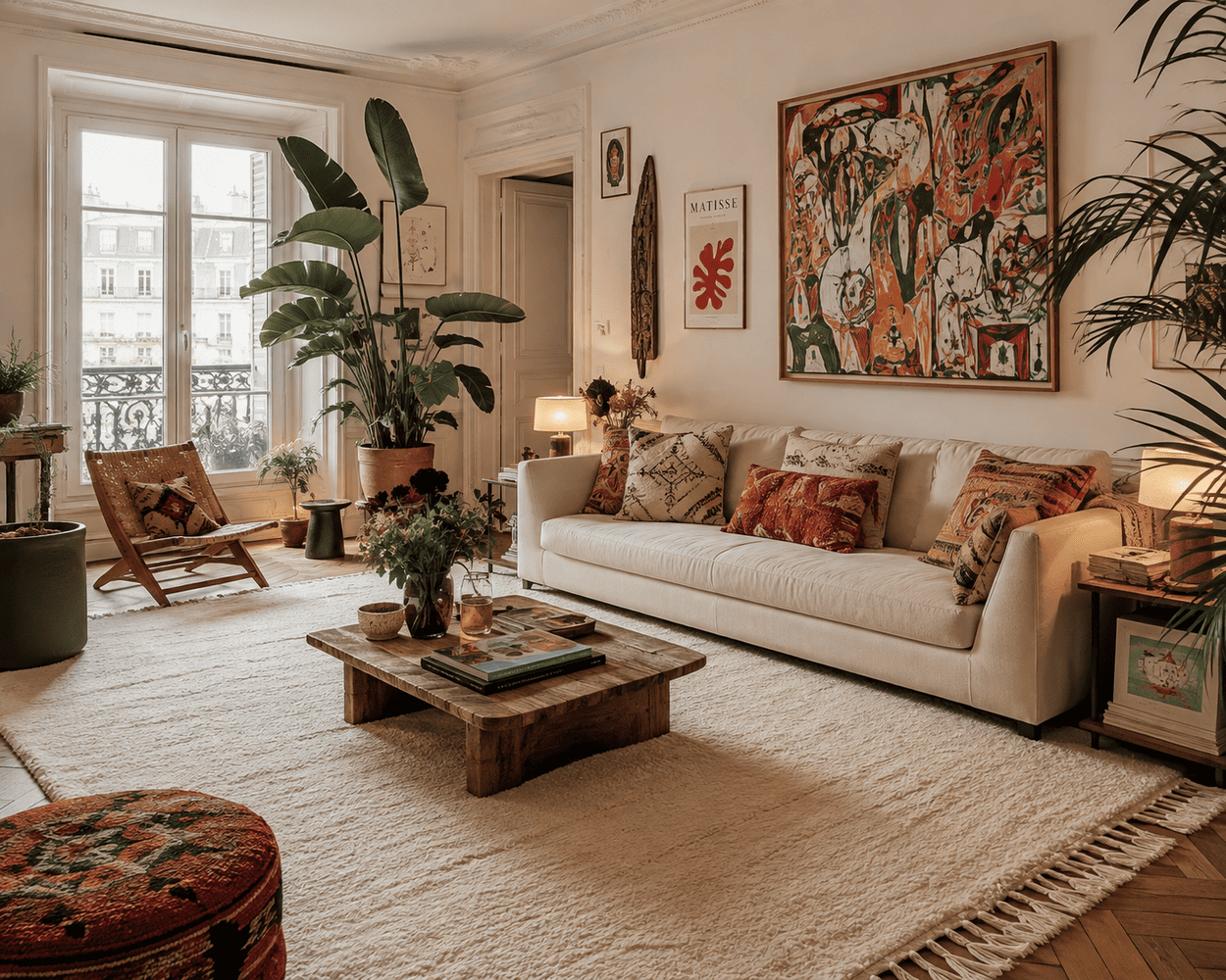 tapis berbere uni dans un salon bohème