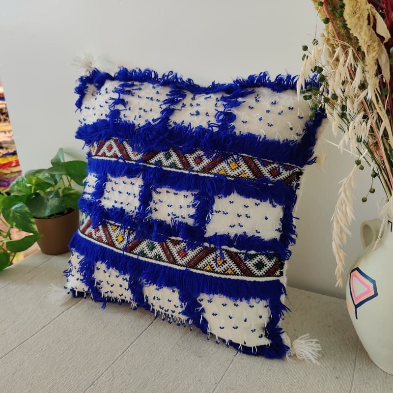 coussin marocain bleu et blanc