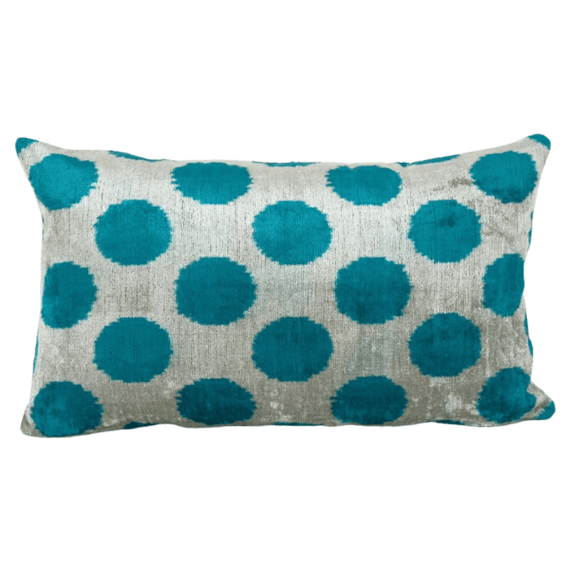 Coussin rectangulaire velours pois turquoises