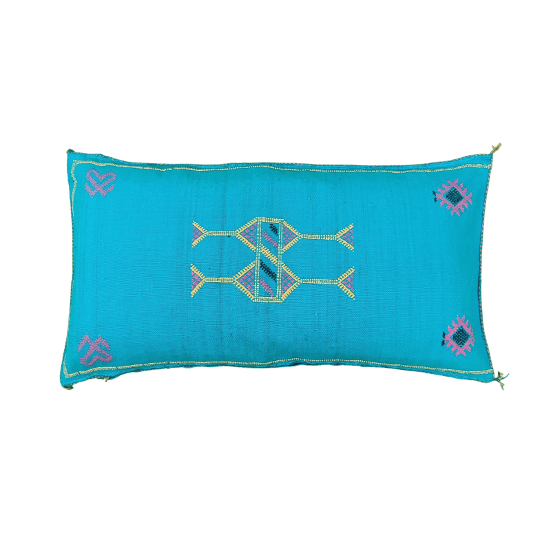 Grand Coussin bohème Sabra Azur en Soie de Cactus