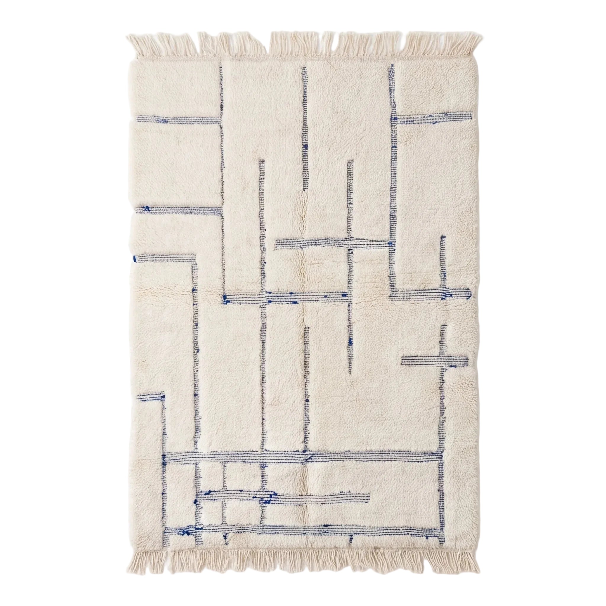 Tapis Béni Ouarain écru à motifs bleus, vue de dessus