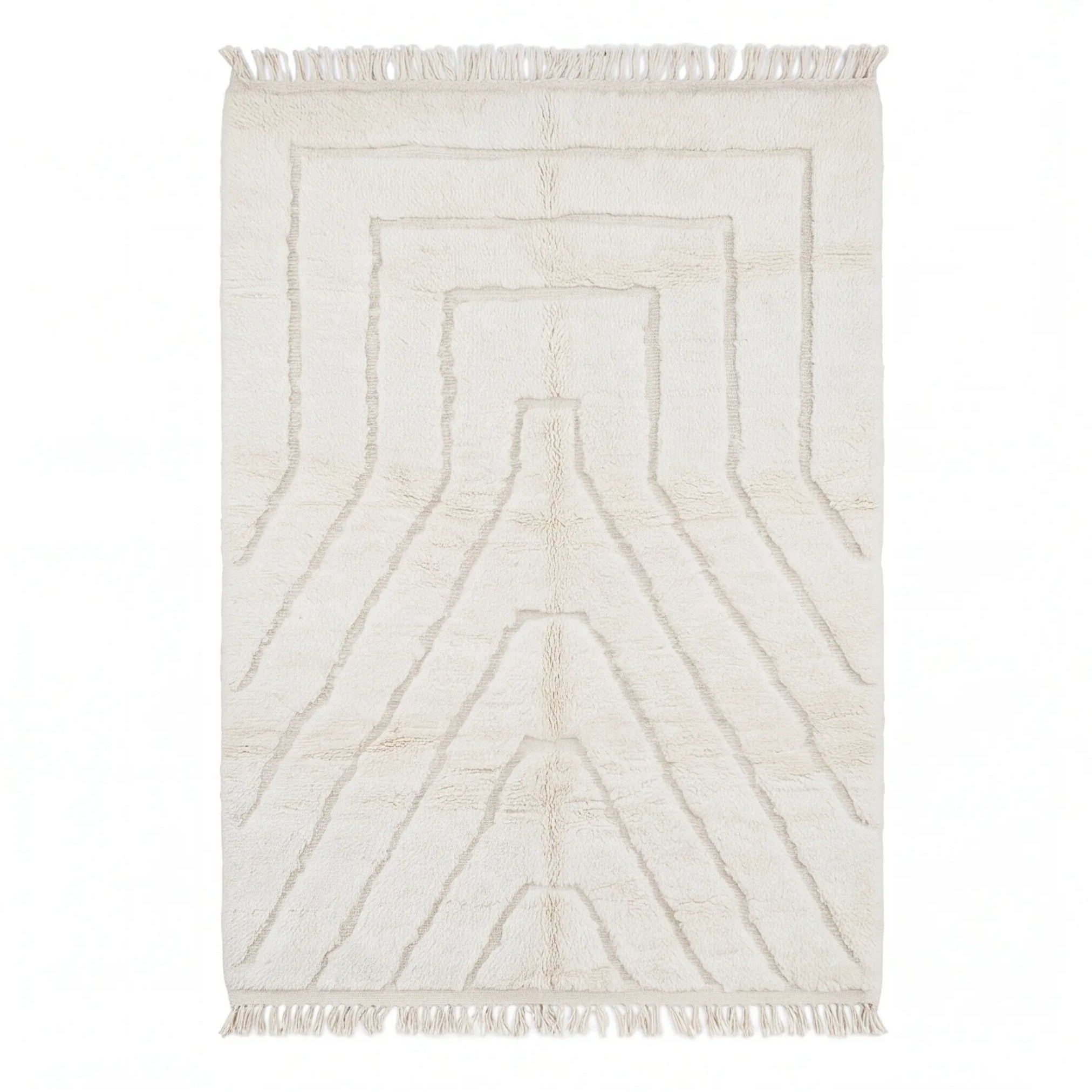 Tapis Béni Ouarain écru à motif graphique, vue de dessus
