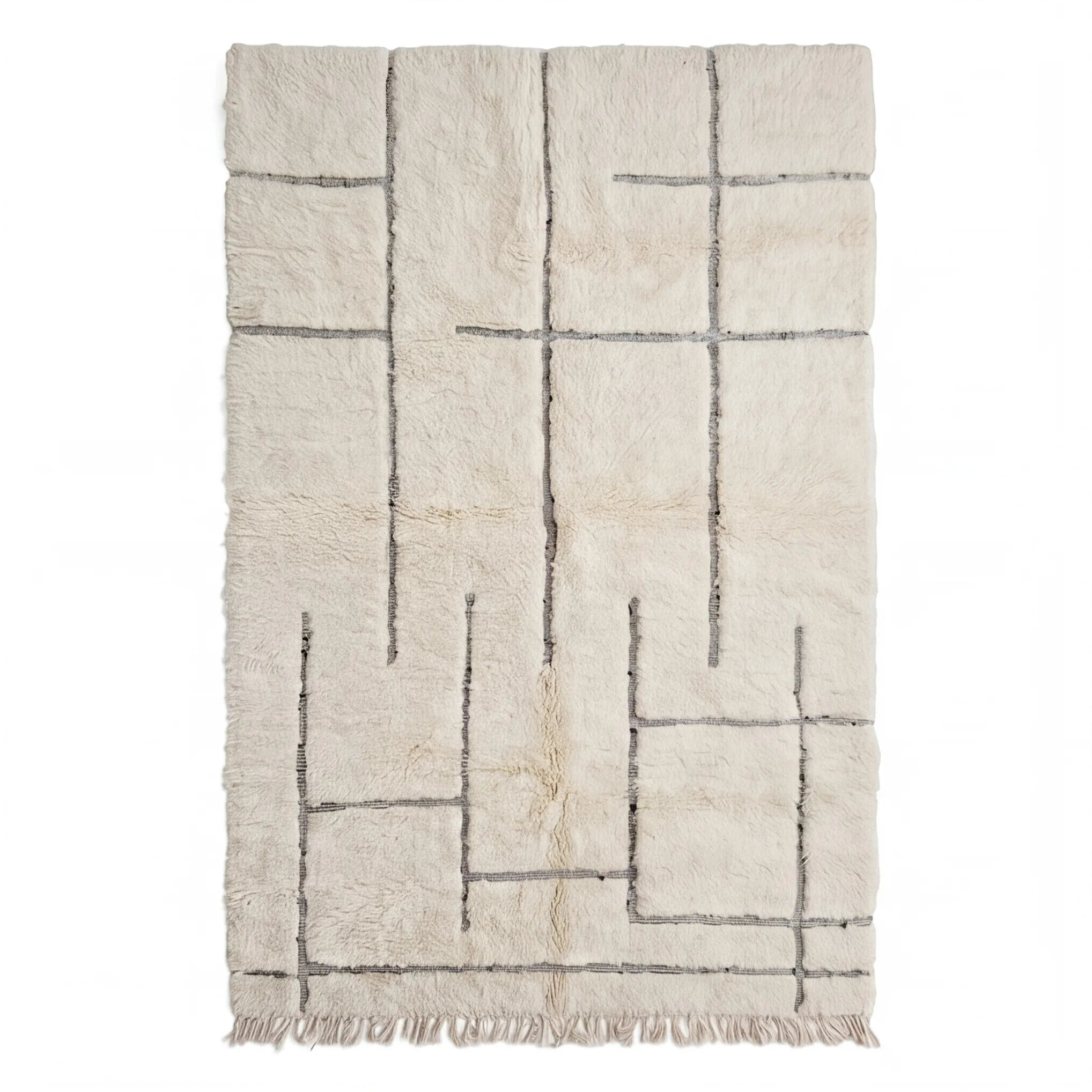 Tapis Béni Ouarain écru motif graphique rectangles, vue de dessus