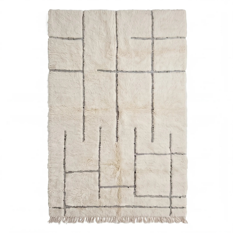 Tapis Béni Ouarain écru motif graphique rectangles, vue de dessus