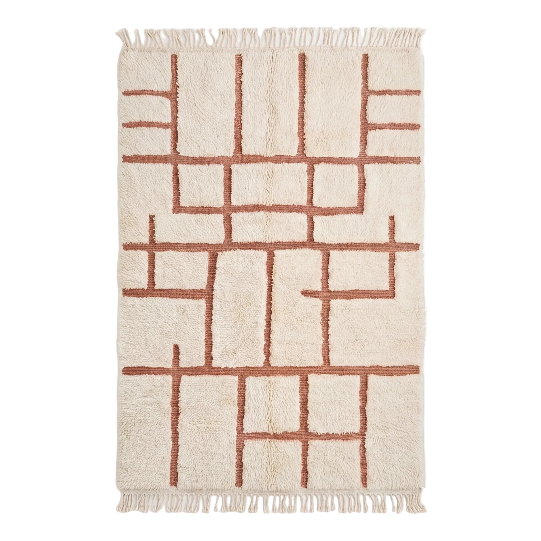 Tapis Béni Ouarain écru à motifs terracotta, vue de dessus