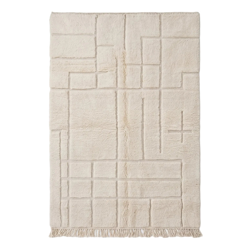 Tapis Béni Ouarain écru lignes verticales graphiques, vue de dessus