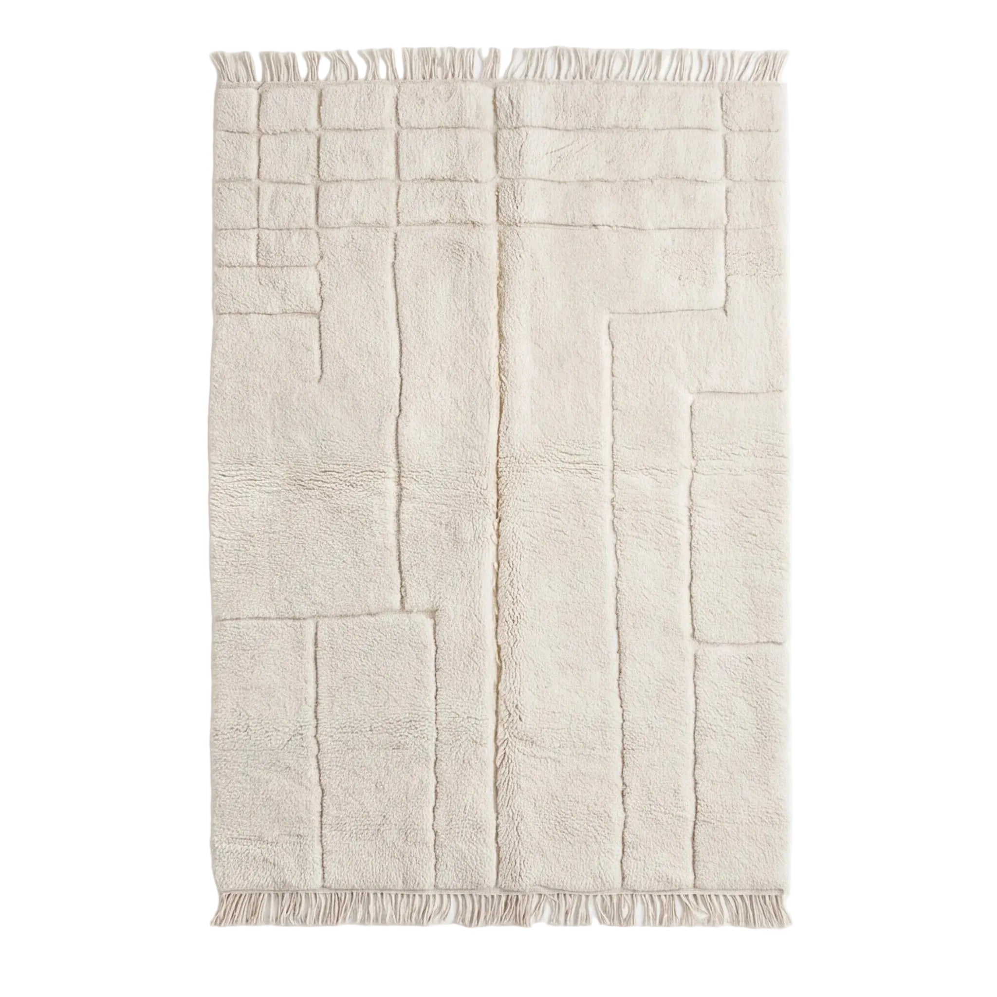 Tapis Béni Ouarain écru à lignes verticales, vue de dessus