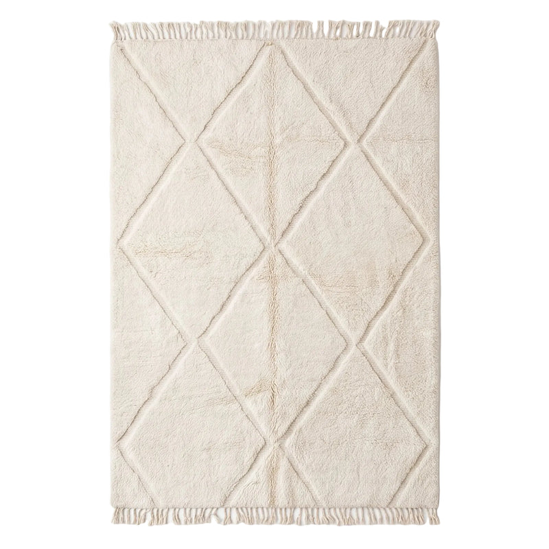Tapis Béni Ouarain écru à grille graphique, vue de dessus