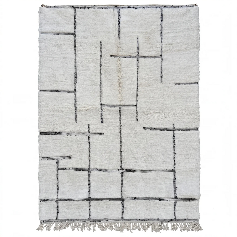 Tapis Béni Ouarain écru à lignes grises, vue de dessus