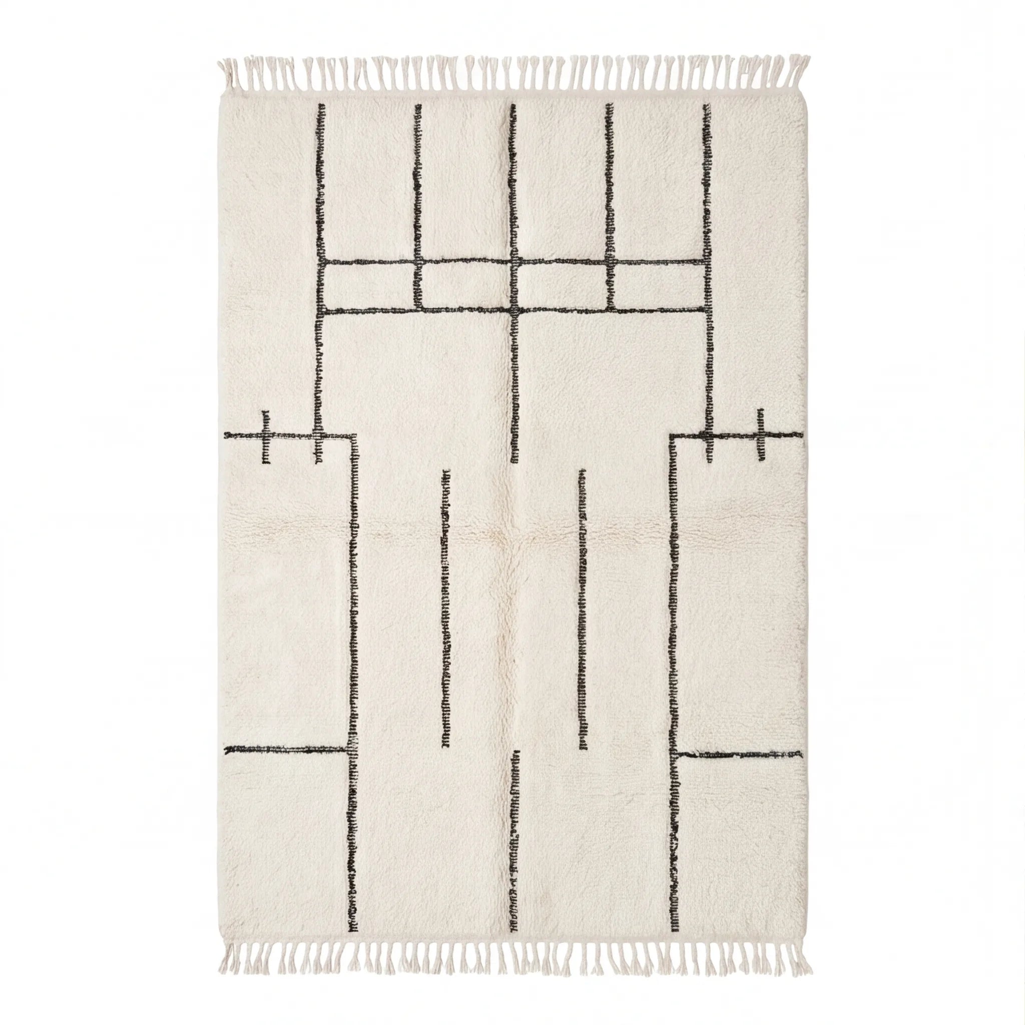 Tapis Béni Ouarain écru à motif géométrique, vue de dessus