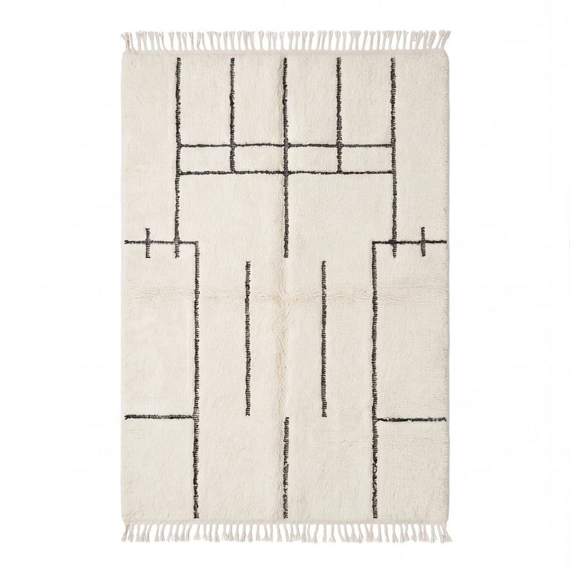 Tapis Béni Ouarain écru à motif géométrique, vue de dessus
