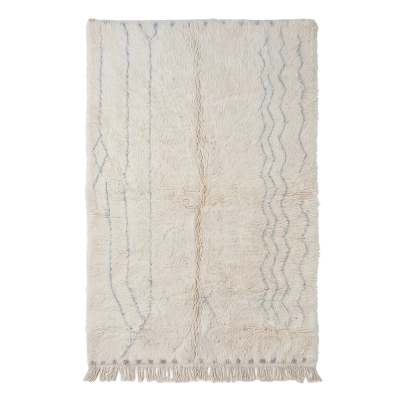 Tapis Béni Ouarain écru à grille graphique, vue de dessus