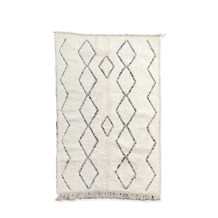 Tapis bohème marocain, grand damier tufté, laine crème brodée