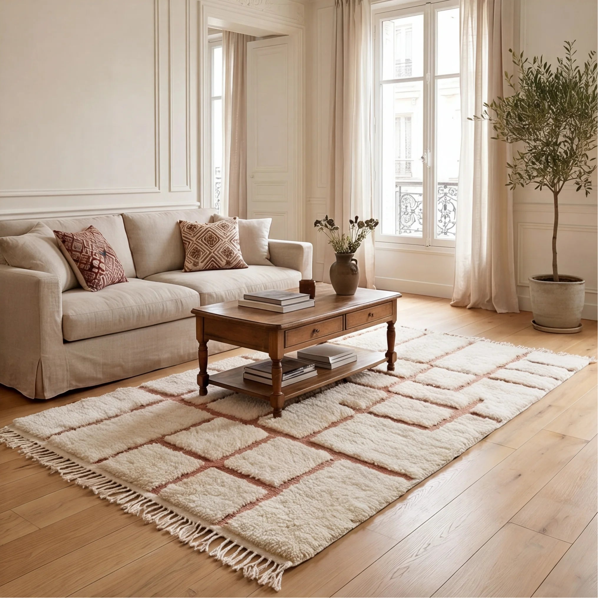 Tapis Béni Ouarain terracotta en situation dans un salon