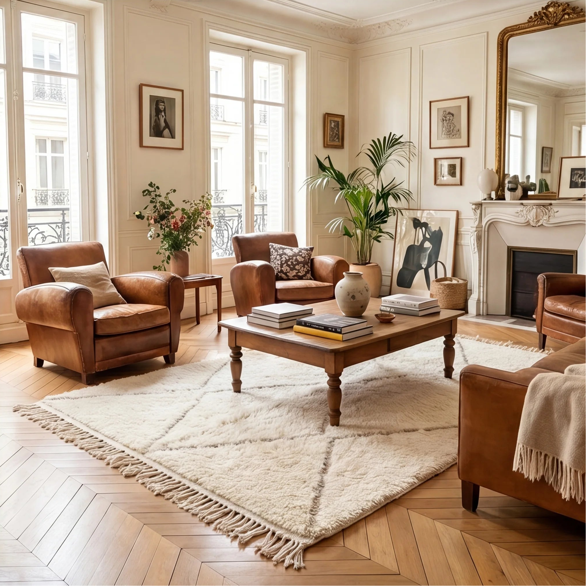 Tapis Béni Ouarain écru à losanges en situation dans un salon