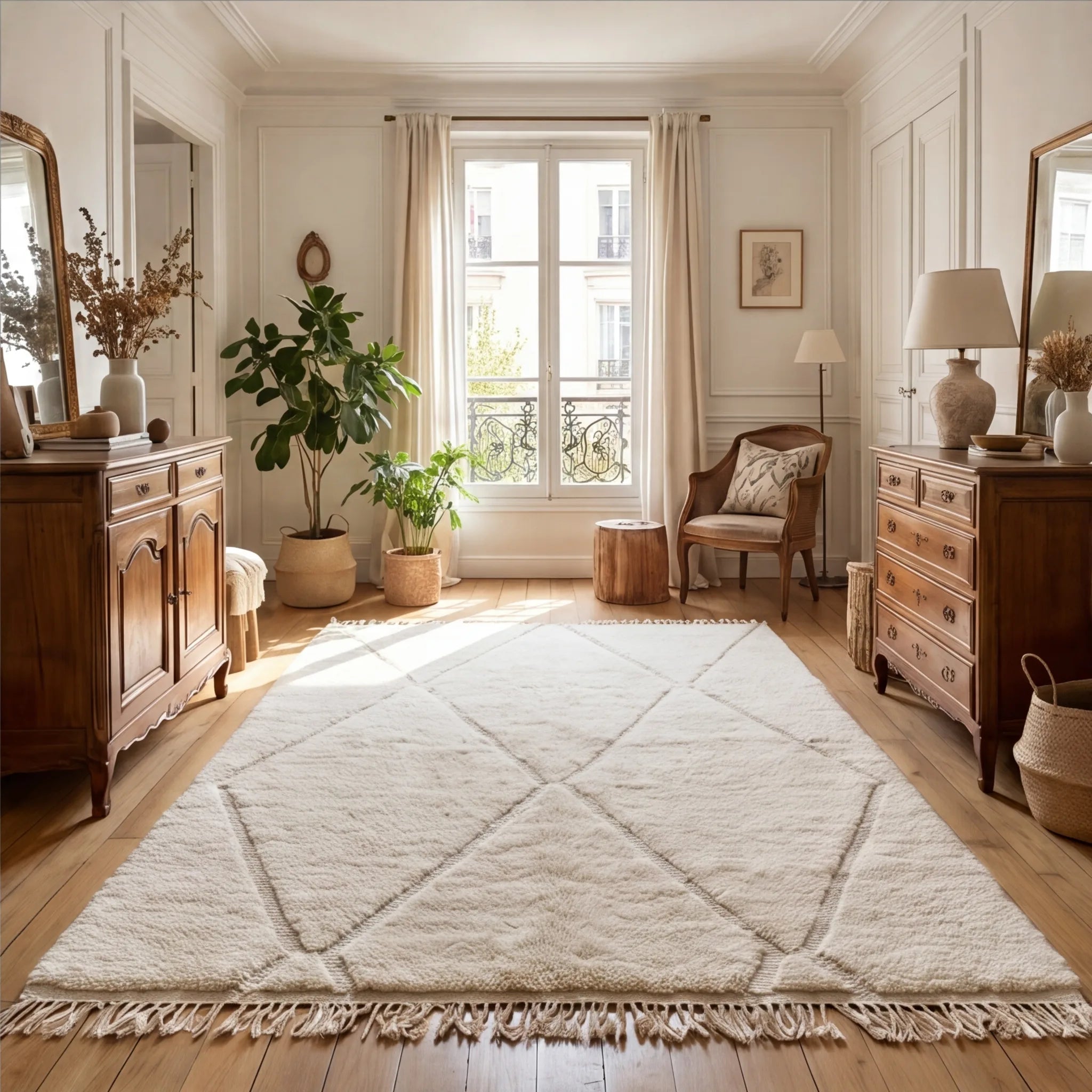 Grand tapis Béni Ouarain écru à losanges en situation dans un salon