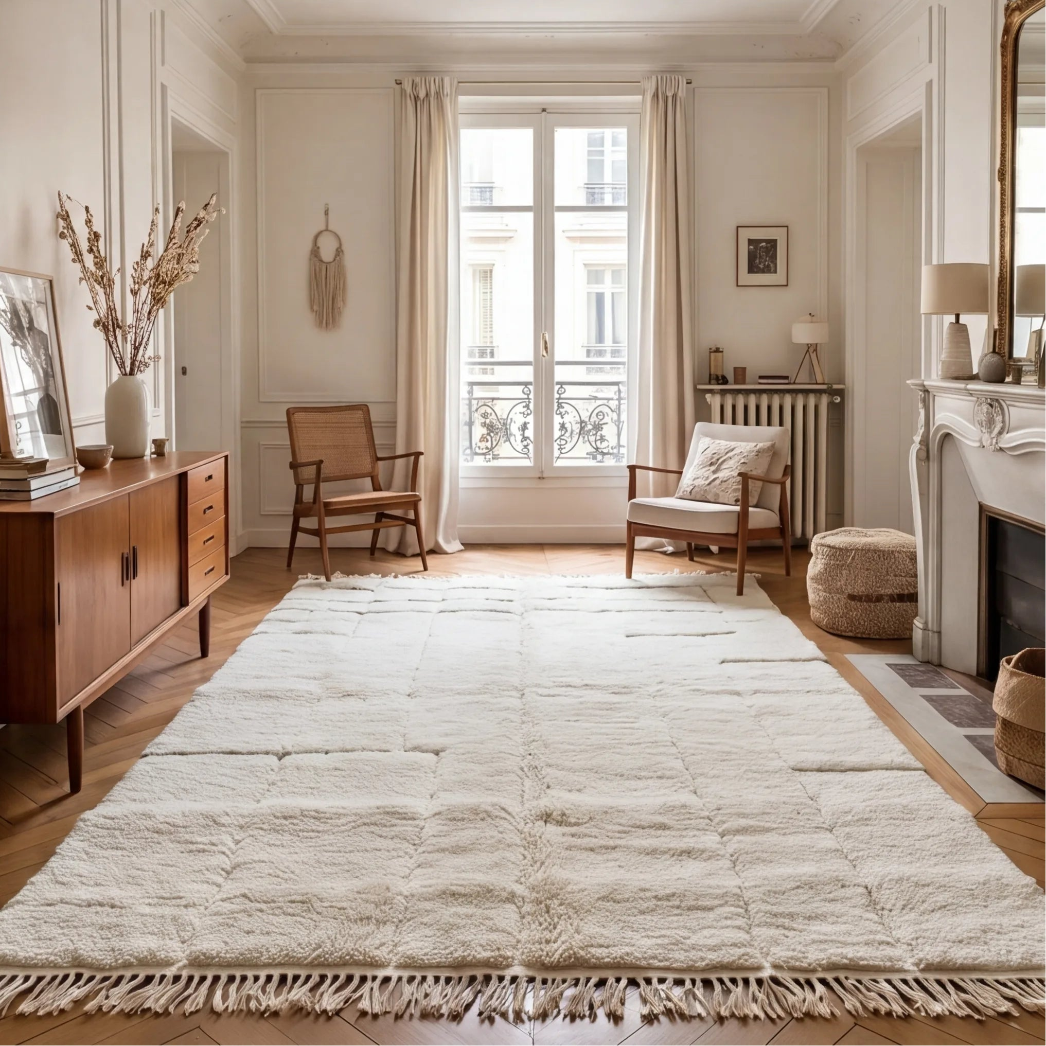 Grand tapis Béni Ouarain écru en situation dans un salon