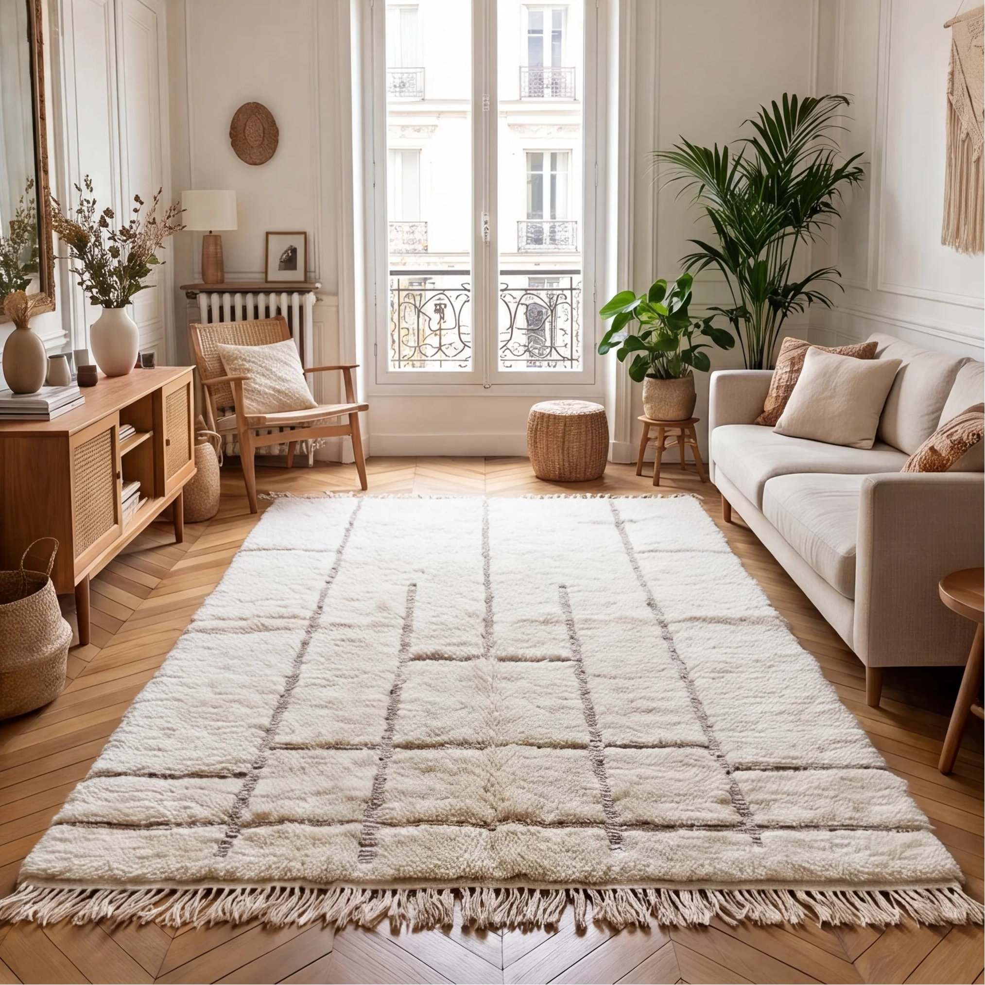 Tapis Béni Ouarain écru graphique en situation dans un salon