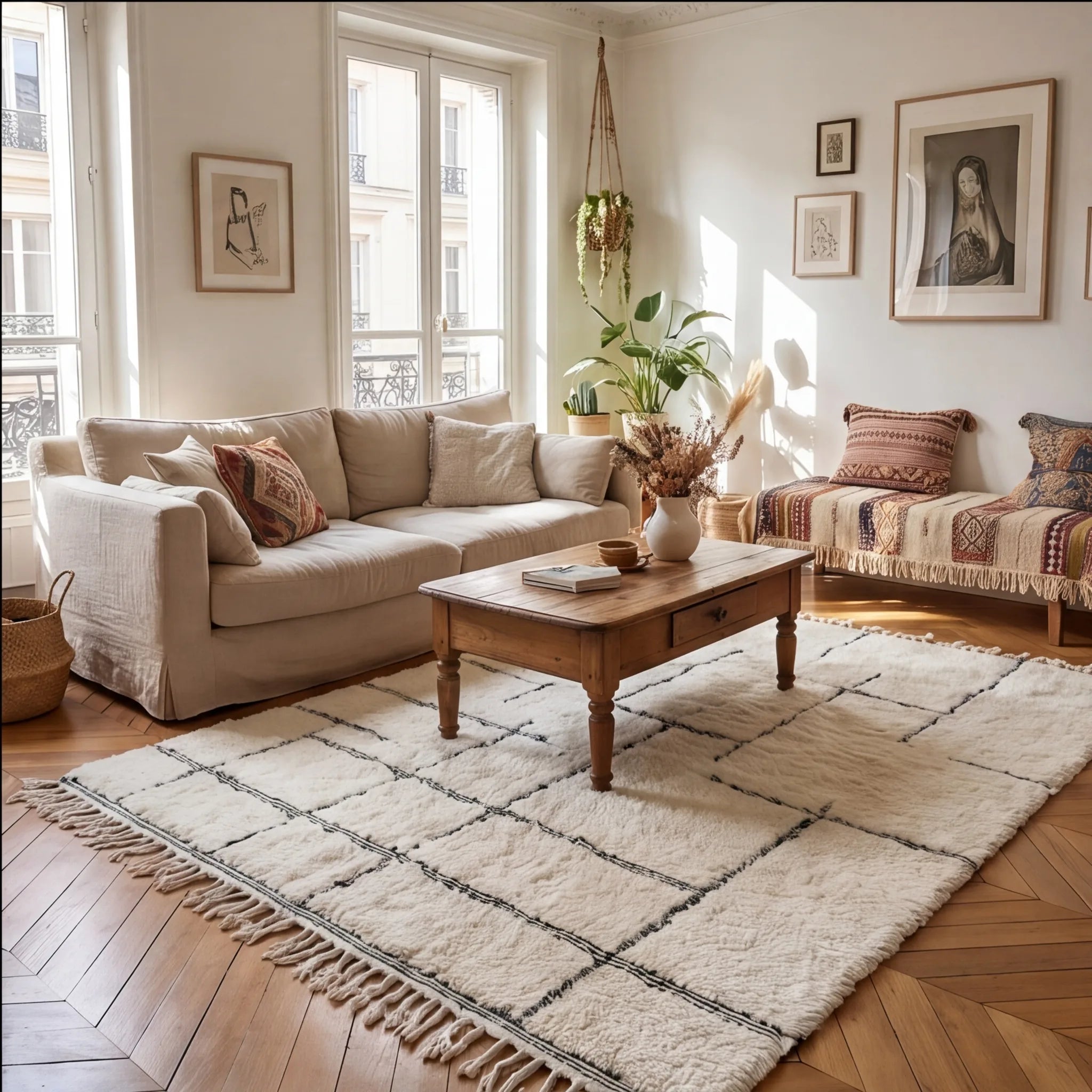 Grand tapis Béni Ouarain écru en situation dans un salon