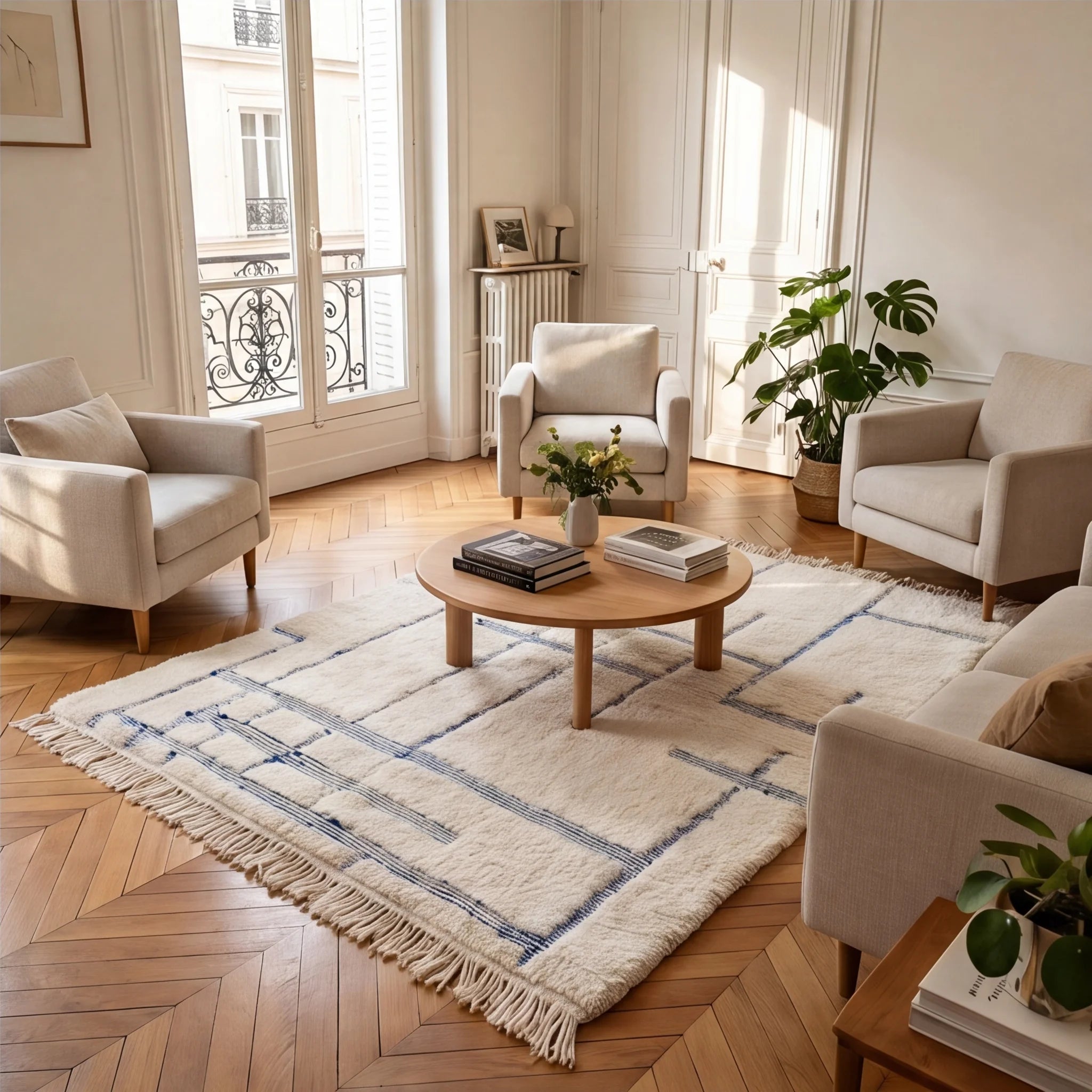 Tapis Béni Ouarain bleu en situation dans un salon