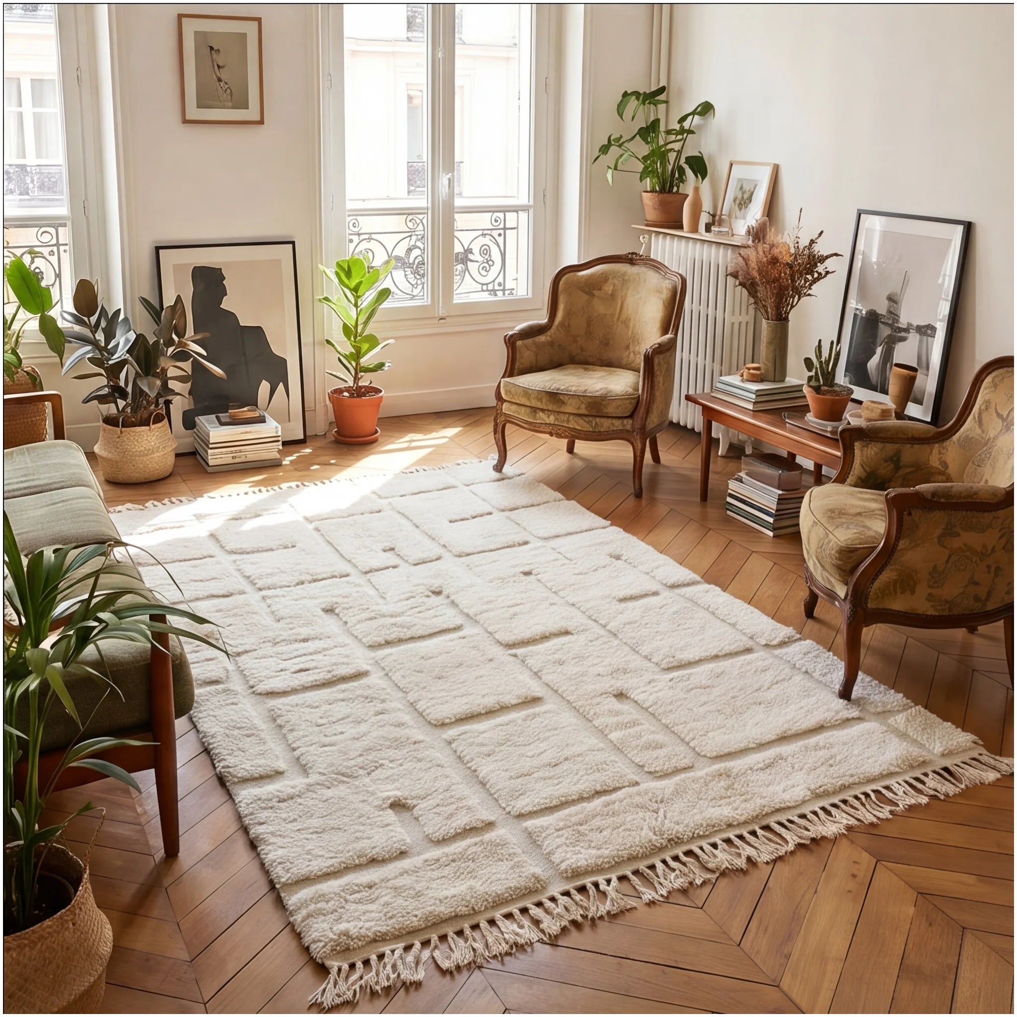 Tapis Béni Ouarain écru épuré en situation dans un salon
