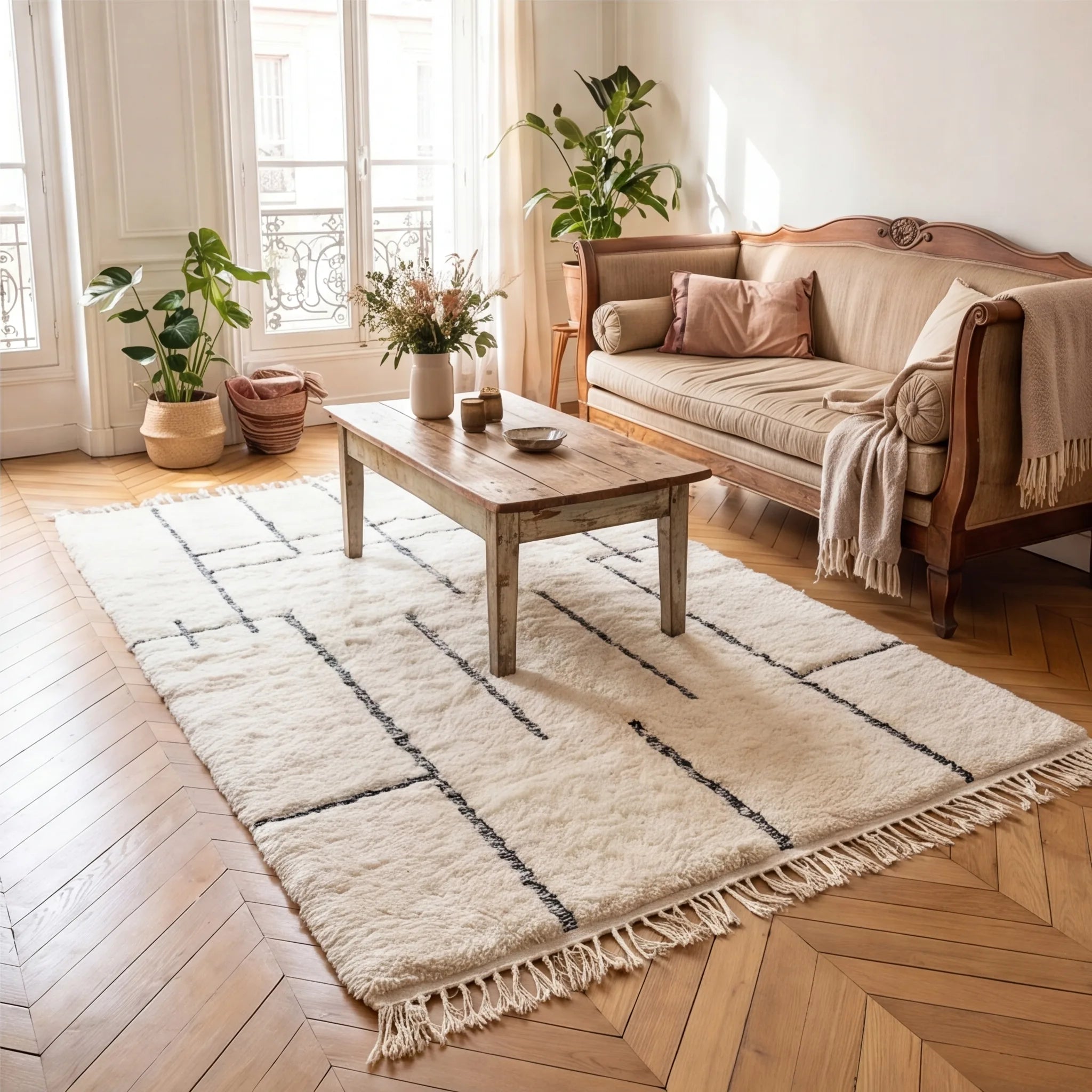Grand tapis Béni Ouarain écru en situation dans un salon