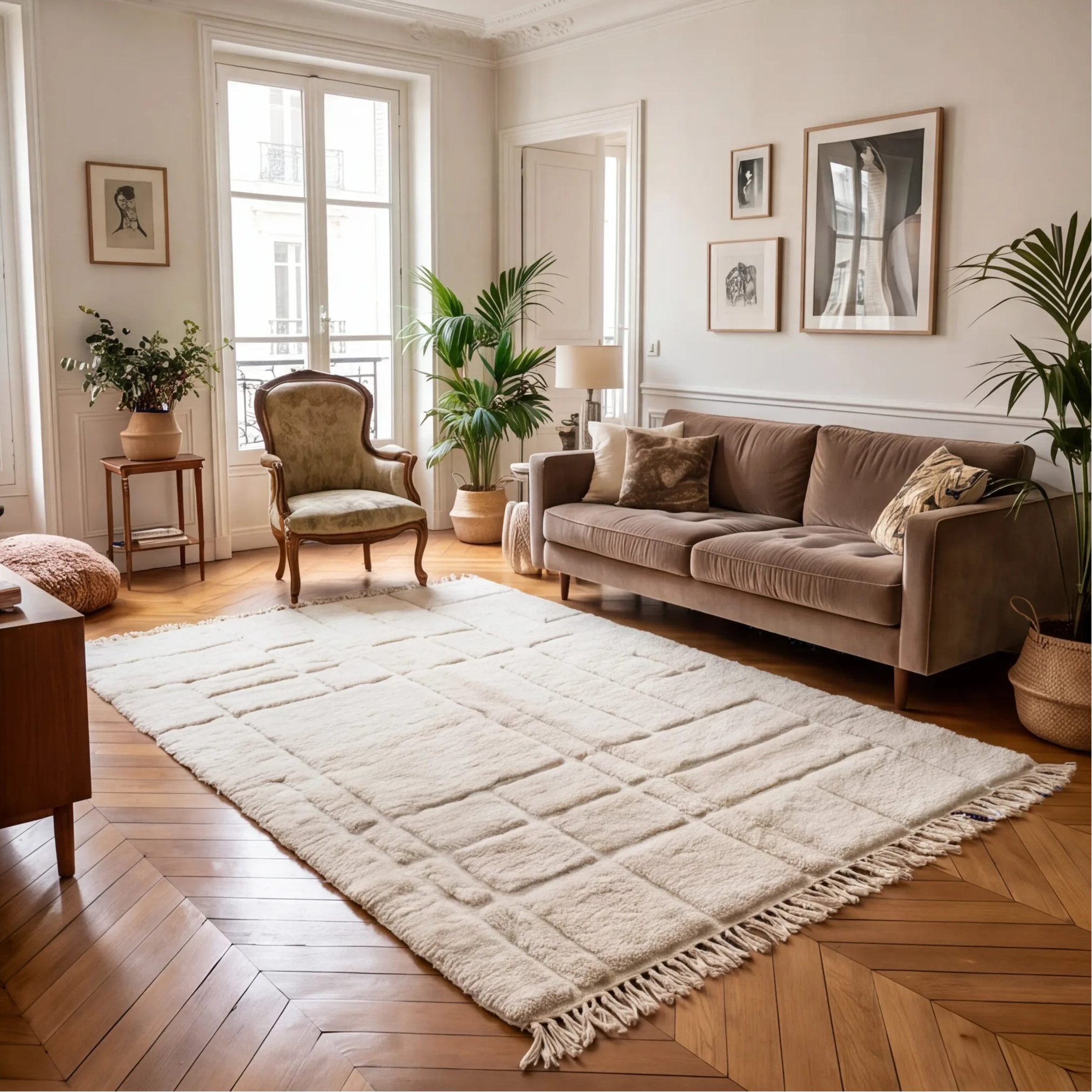 Grand tapis Béni Ouarain écru en situation dans un salon