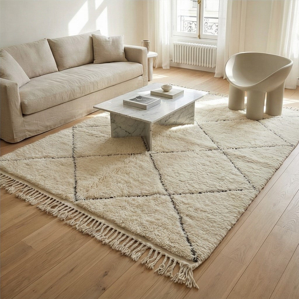 Tapis berbère blanc classique à motifs losanges noirs, avec franges décoratives.
