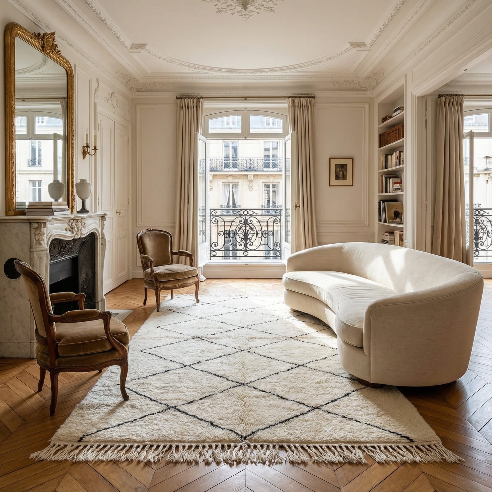 Tapis berbère blanc à losanges noirs classique