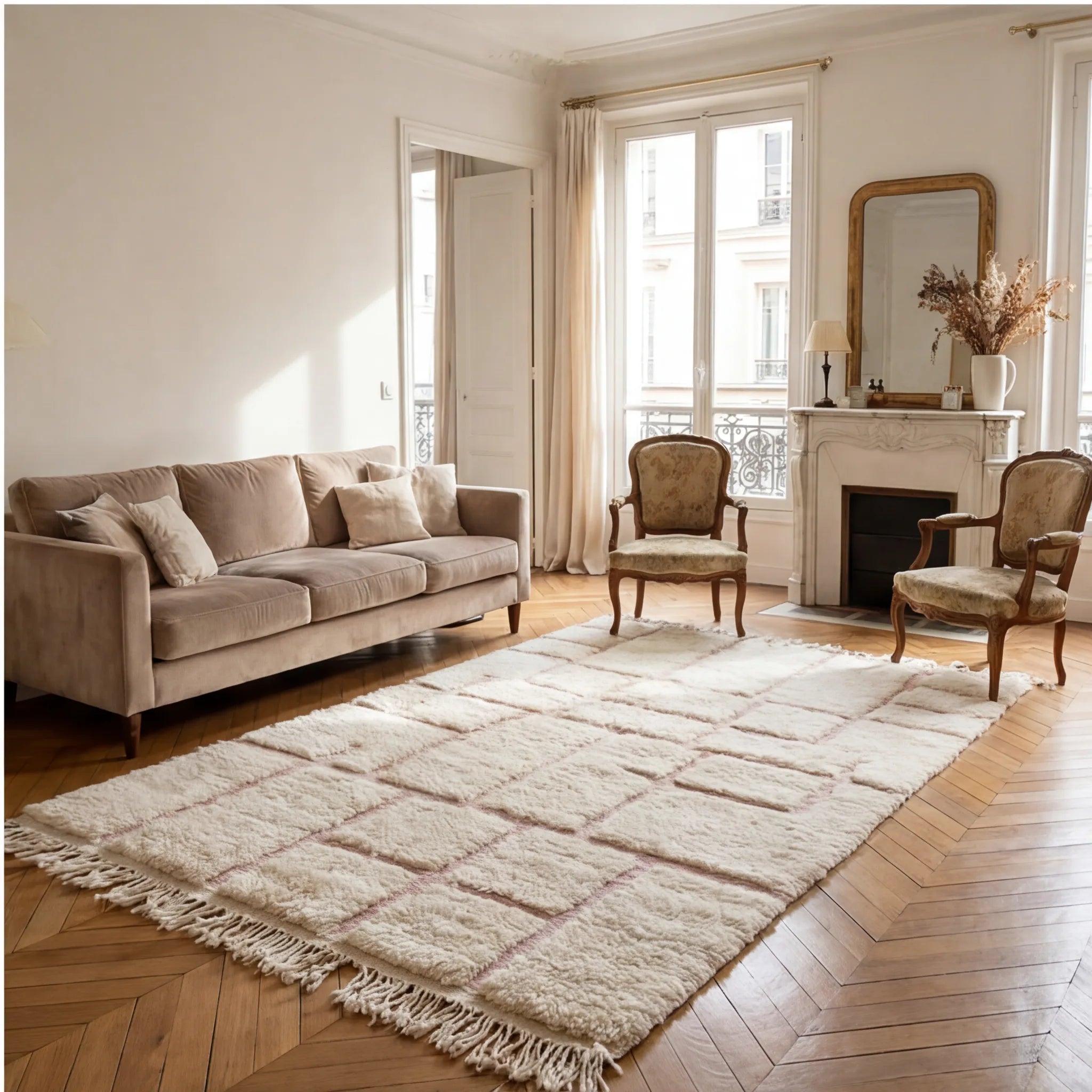 Tapis Béni Ouarain rose en situation dans un salon