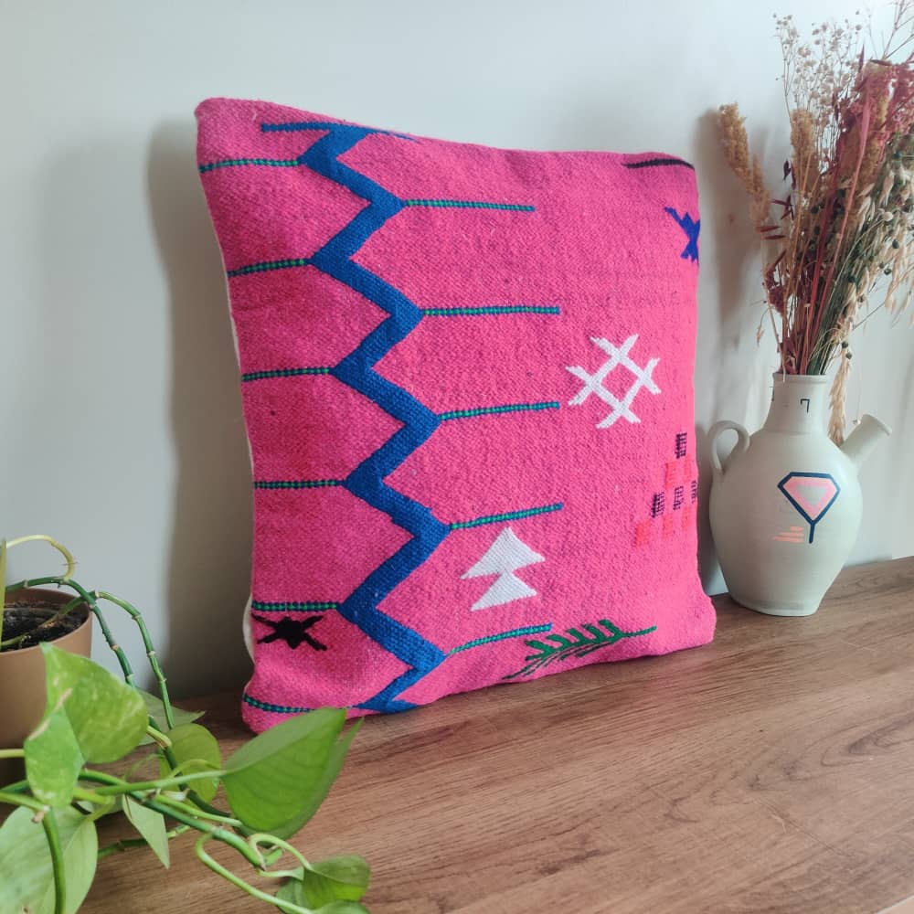 Coussin Berbère Tribal Rose et Bleu| MAZIR