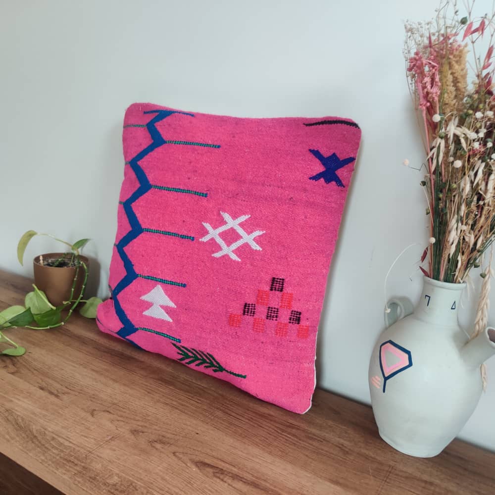 Coussin Berbère Tribal Rose et Bleu| MAZIR