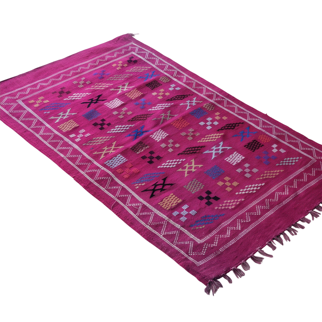 Tapis berbère fuchsia bordure zigzag 95x150 cm