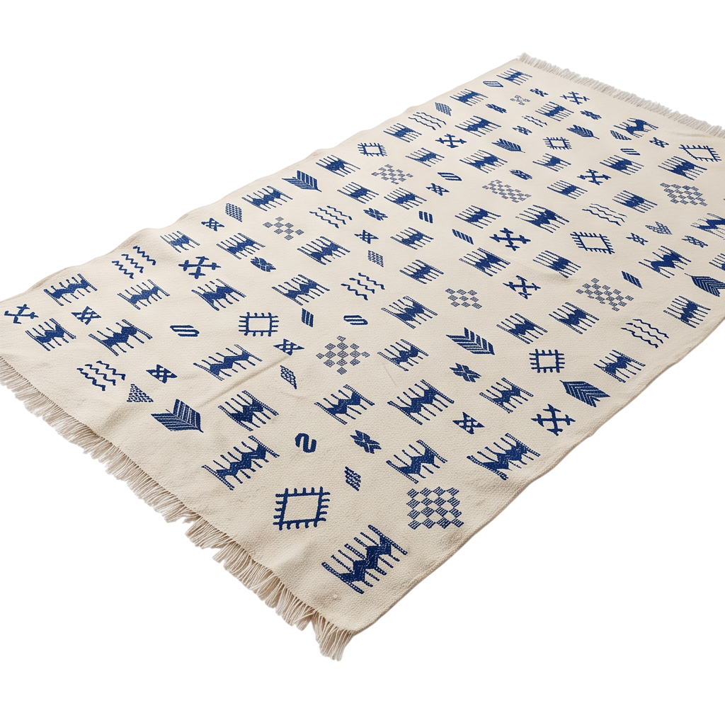 Tapis marocain kilim motifs bleu marine