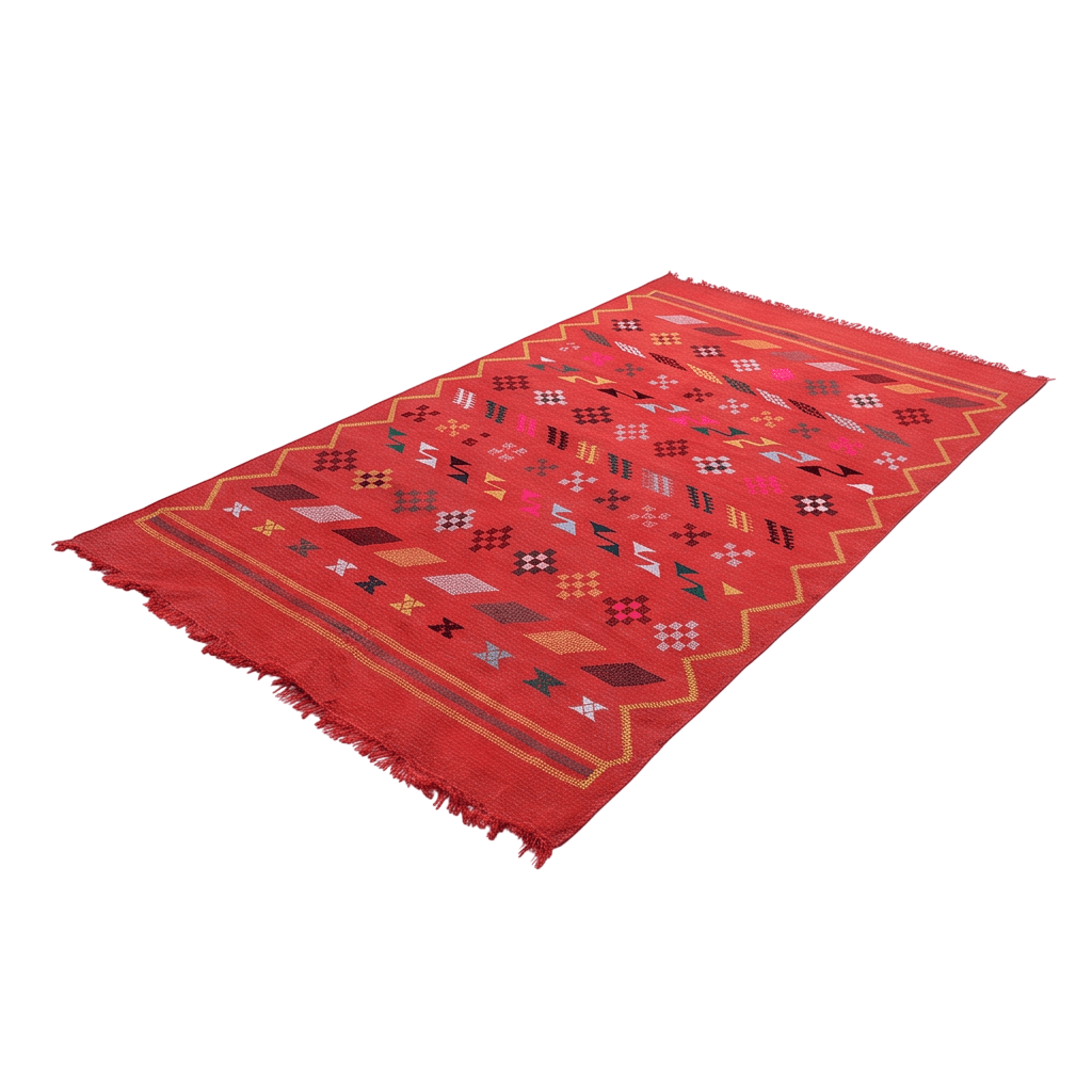 Tapis berbère rouge vif motifs multicolores