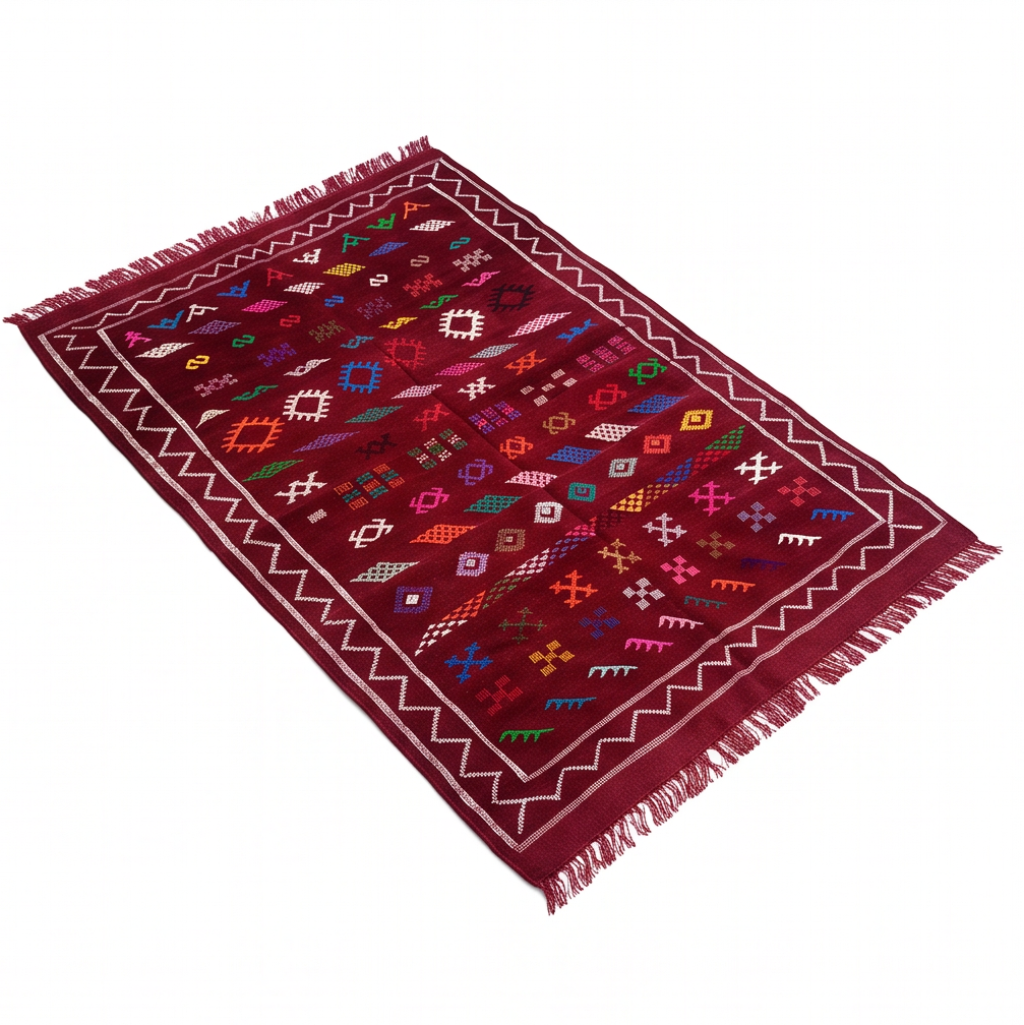 Tapis berbère bordeaux motifs colorés