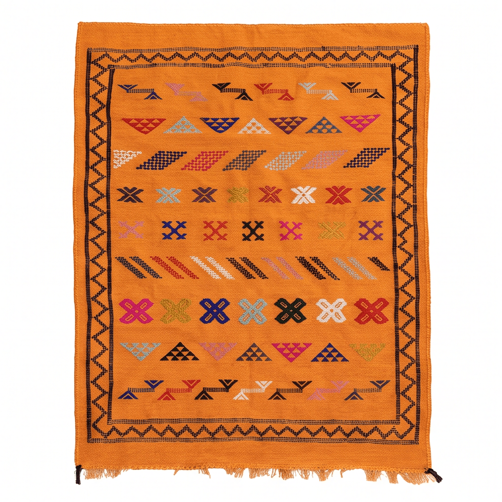 Tapis berbère orange bordure zigzag