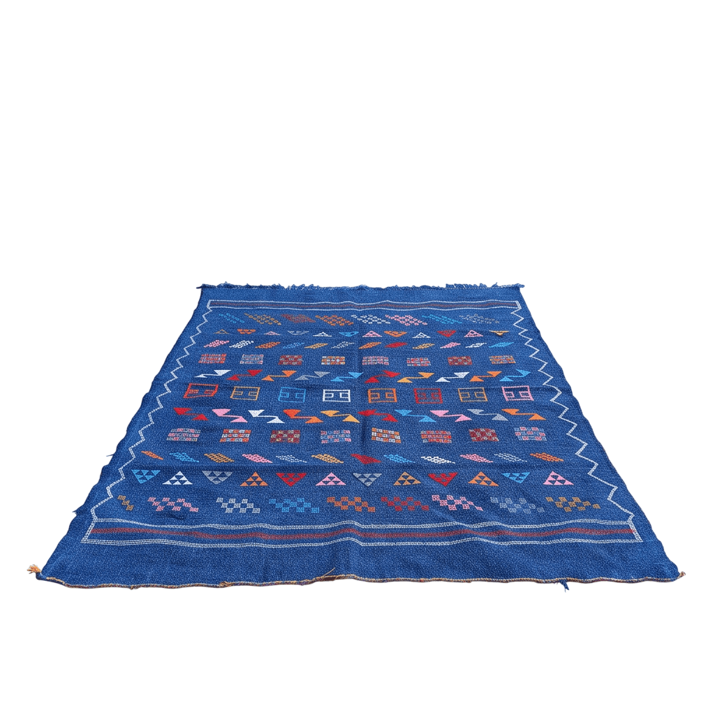 Tapis berbère bleu roi motifs multicolores
