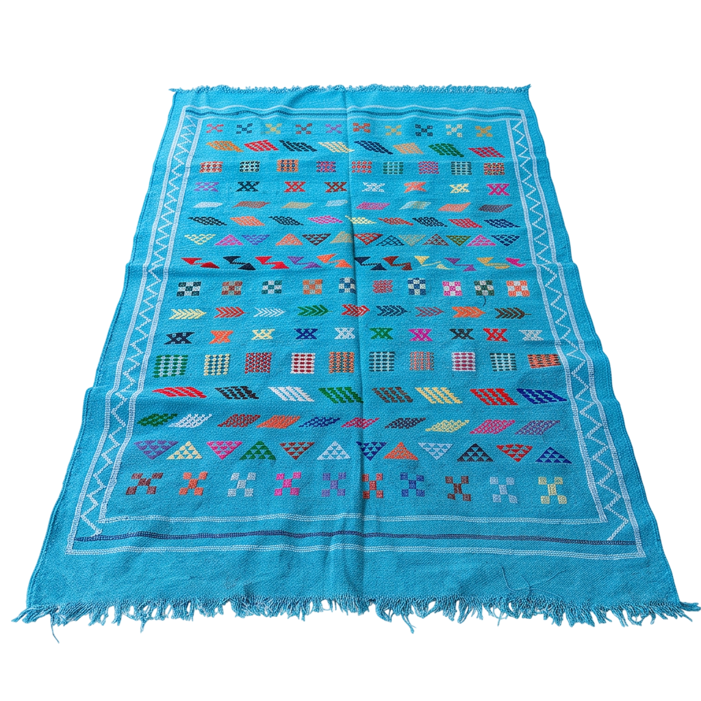 Tapis berbère bleu turquoise motifs multicolores