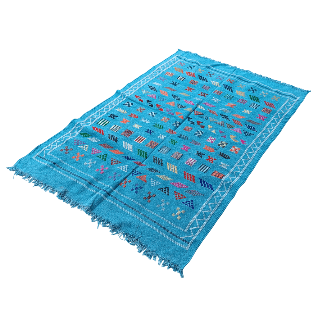 Tapis berbère bleu turquoise motifs multicolores