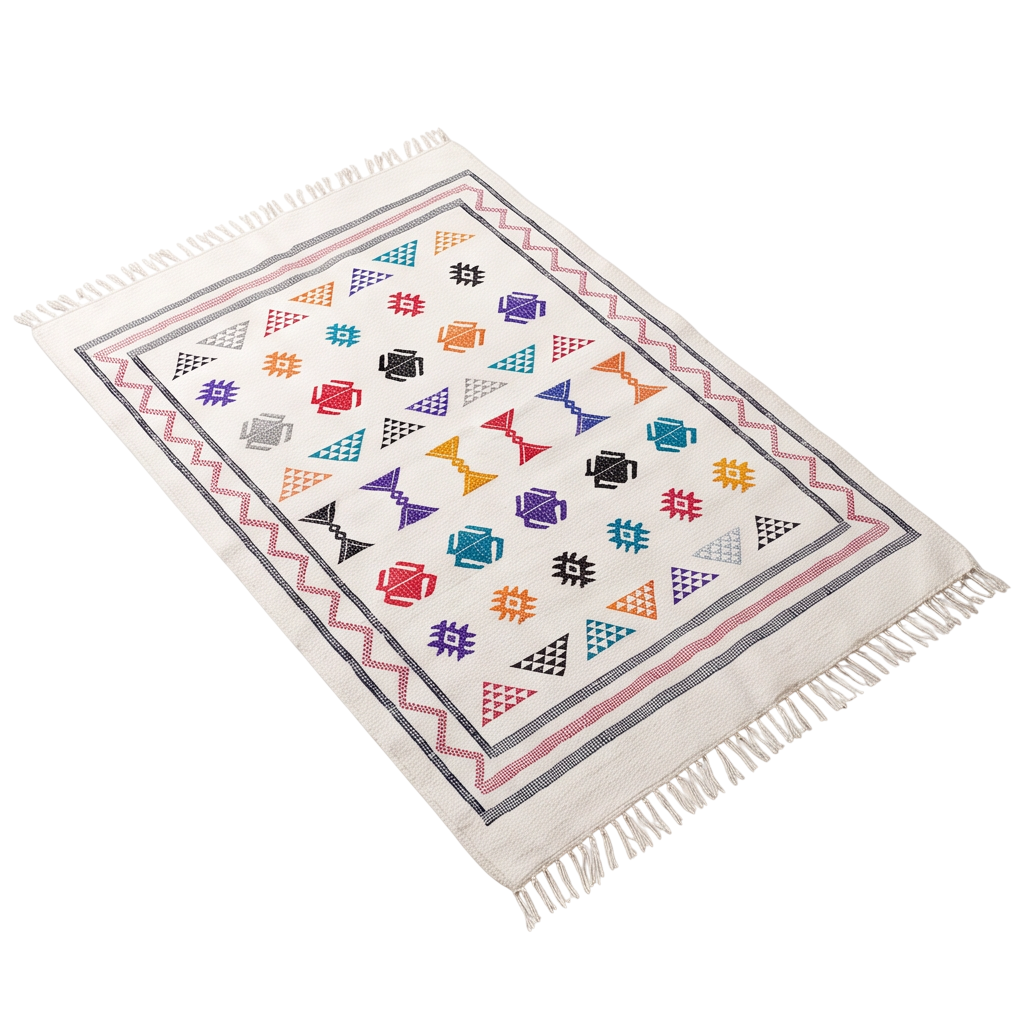 Tapis berbère blanc double bordure zigzag