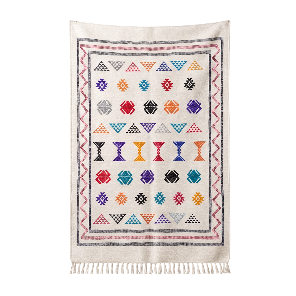 Tapis berbère blanc double bordure zigzag