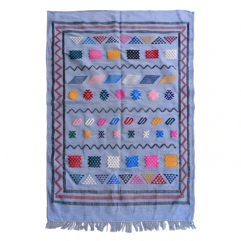 Tapis berbère bleu ciel motifs multicolores